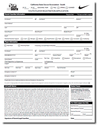 Cal South Player Registration Form
